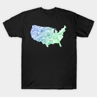 Colorful mandala art map of the United States of America in blue and green on white background T-Shirt